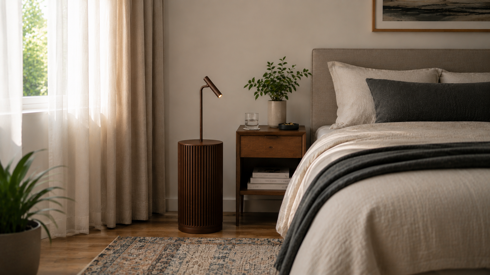Remster nightstand beside the bed in a real American bedroom, daytime