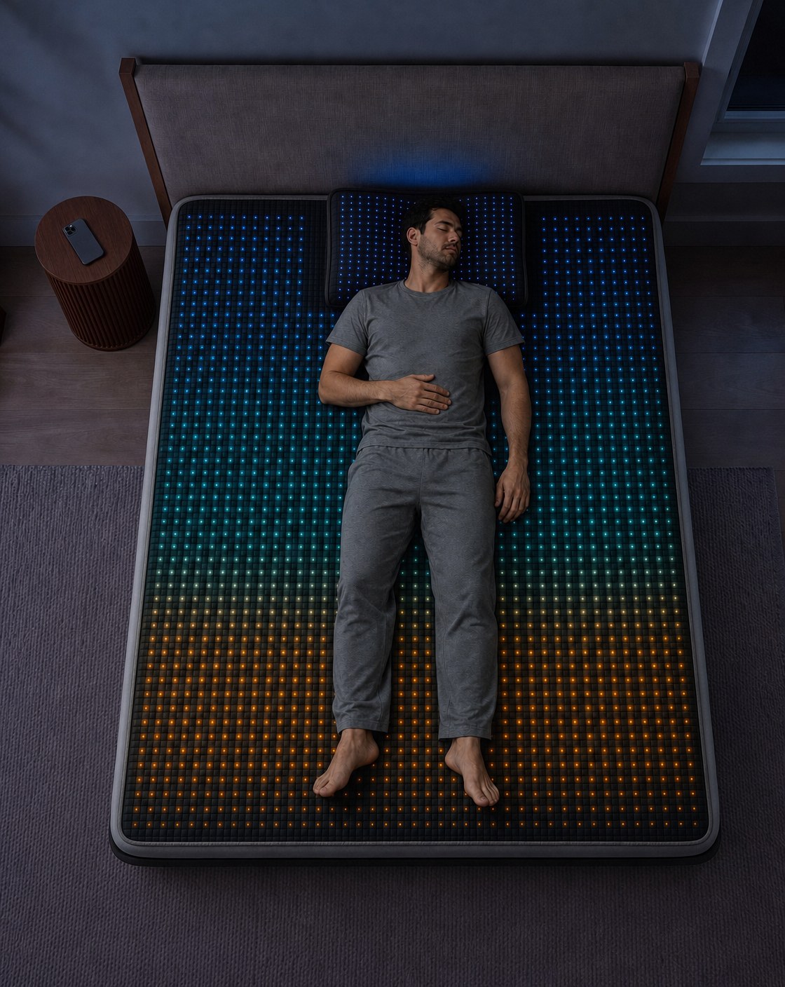 One person asleep on the Remster cover, seen from above, with its four temperature zones glowing from cool blue at the head to warm orange at the feet