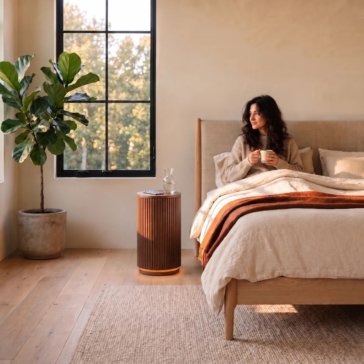 A woman sits up in bed with a coffee in morning light, the Remster nightstand at her bedside with a phone and a carafe of water