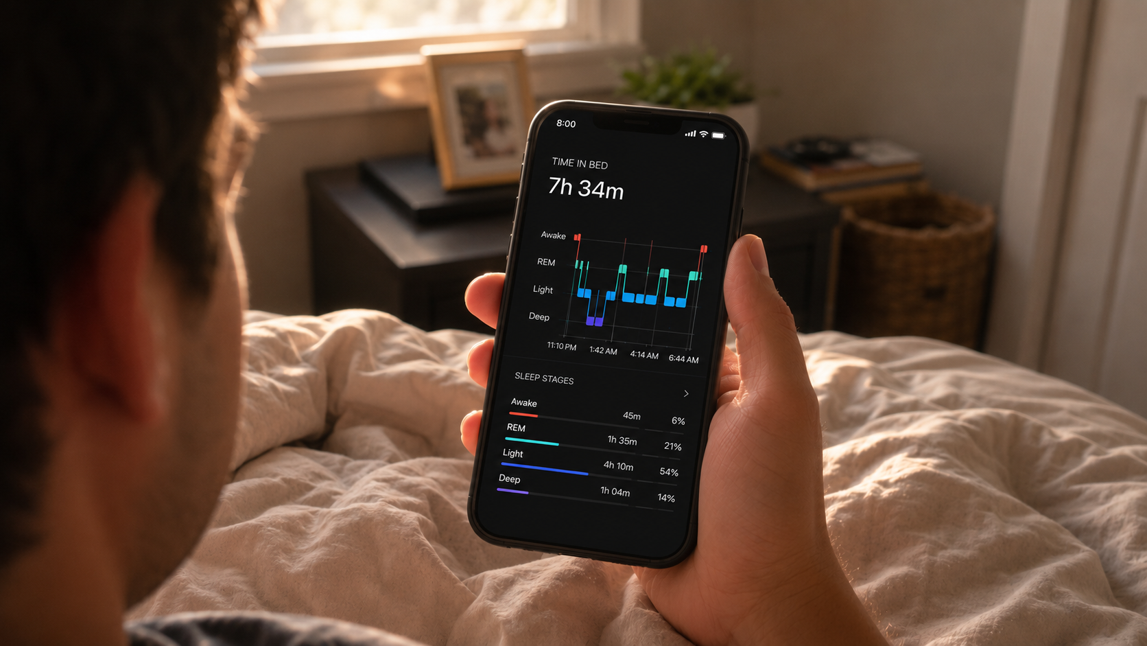 First-person view of someone waking up in bed and checking the sleep stages screen on the Remster app