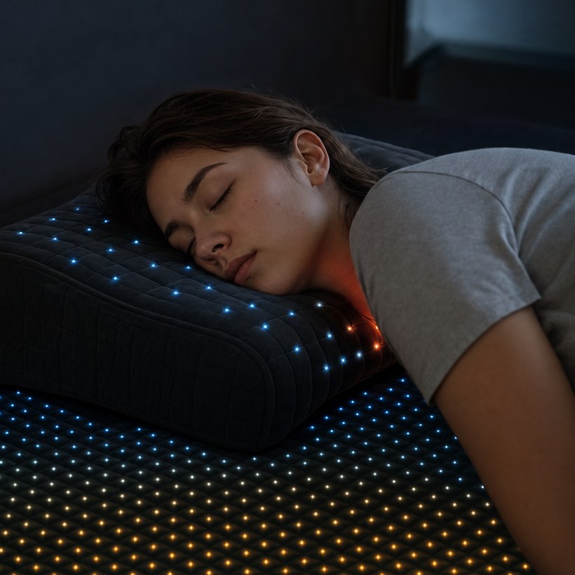 A man sleeping peacefully on his Remster pillow, cool blue light on his face