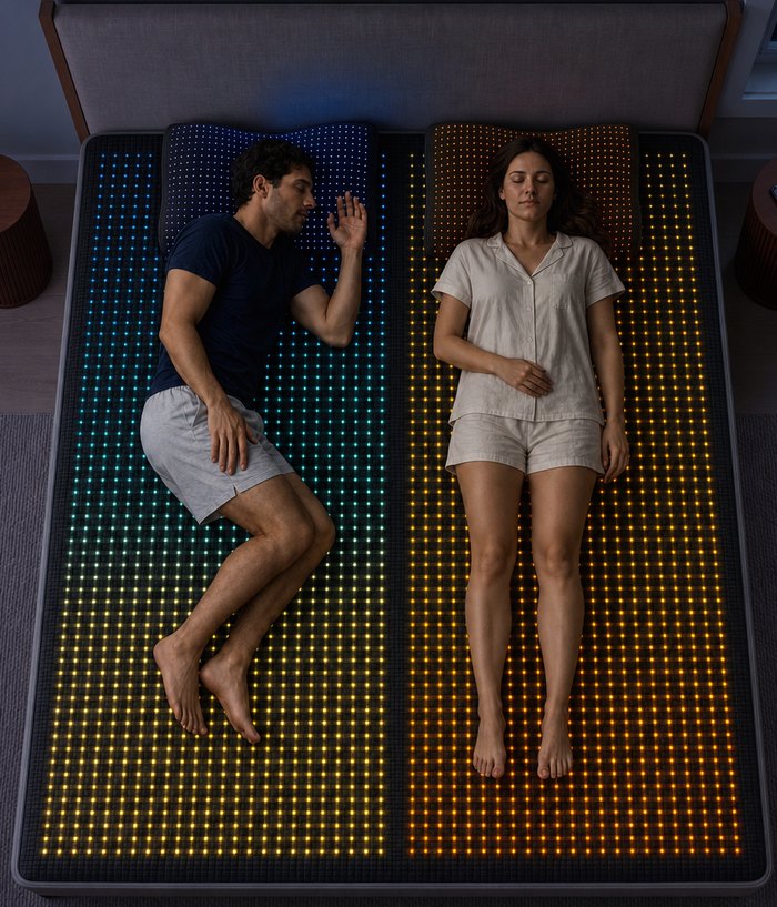 A couple asleep side by side on the Remster cover, each side with its own temperature zones